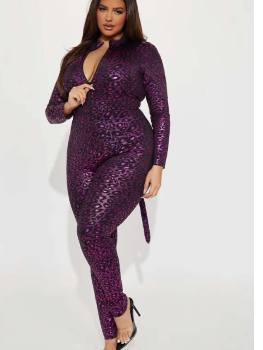 Fashion Nova Purple & Black Leopard Print Long-Sleeve Jumpsuit